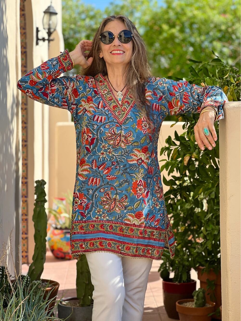 PAX PHILOMENA Fleury Blue Floral Cotton Tunic Hand Block Printed Beaded Top XXL